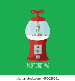 christmas background greeting card flat design clean simple. transparent snow globe, sphere or snow ball glass vector isolated. gift & presents isolated & santa claus. merry christmas cartoon postcard