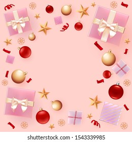 Christmas background for greeting Card, Flyer, poster, dinner invitation, banner for Promotion Poster. Illustration with Christmas balls, stars, gift boxes and place for text. Pink square background.