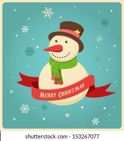 Christmas background and greeting card with hipster snowman