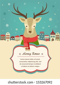 Christmas background and greeting card with hipster deer