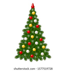 Christmas background for greeting card or invitation. Decorated Cristmas tree with balls on the white backdrop. Vector illustration.