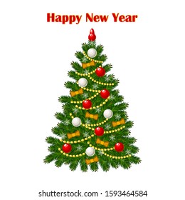 Christmas background for greeting card or invitation. Decorated Christmas tree on the white backdrop. Vector illustration.