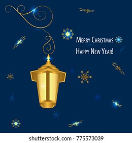 christmas background for greeting card or party invitation,dark blue.The old street lamp at night, illuminates the falling golden snowflakes. Glitter, the magic radiance of the snow. new year vector
