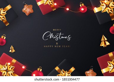 Christmas background, greeting card, poster, holiday cover, web banner. Xmas modern design with 3d realistic golden black and red gifts, golden conical christmas trees, balls, garlands lights on black