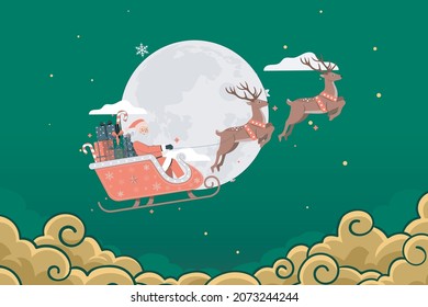 Christmas background or greeting card with Snowflakes, santa claus, stars. Lettering Merry Christmas vector Illustration
