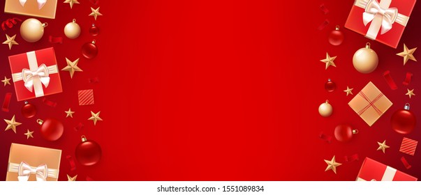 Christmas background greeting Card. Template for Flyer, poster, dinner invitation, banner for promo. Flatlay with Christmas balls, gold stars, gift boxes and place for text. Seamless Red background