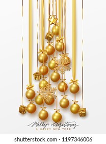 Christmas background greeting cards, banner, poster, bright invitations. Design hanging pine tree in golden ribbons holiday decorations balls and gifts the gold shining snowflake. Xmas illustration