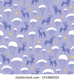 Christmas background for greeting cards, wrapping paper. Hand drawn winter background of doodles trees, deer and stars. Vector illustration.