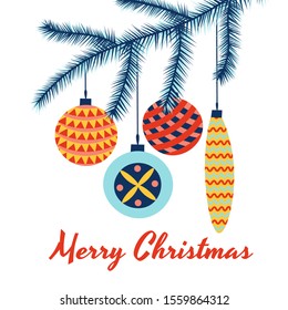Christmas background, greeting poster or card.  Fir tree brach with cute hanging Christmas decoration balls.  Colorful illustration in cartoon flat style