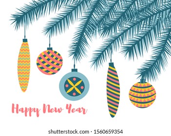 Christmas background, greeting poster or card.  Fir tree brach with cute hanging Christmas decoration balls.  Colorful illustration in cartoon flat style