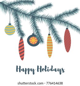Christmas background, greeting poster or card.  Fir tree brach with cute hanging Christmas decoration balls.  Colorful illustration in cartoon flat style