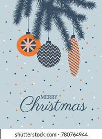 Christmas background, greeting poster or card.  Fir tree brach with cute hanging Christmas decoration balls.  Colorful illustration in cartoon flat style