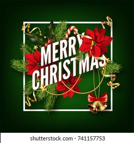 Christmas background or greeting poster template with holidays elements.