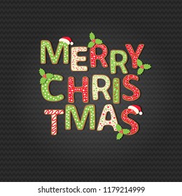 Christmas Background with Greeting quote "Merry Christmas" on black. Happy New Year. Sketch. Christmas Cookie Letters. Banner,poster, flyer, brochure.