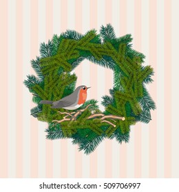 Christmas background Christmas Greeting with sweet robin redbreast on twig wreath with tender pattern in the background