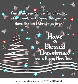 Christmas background with greeting text, star, Merry Christmas and Happy New Year card. Creative typography for Holiday Greeting Gift Poster. Calligraphy Font style Banner.