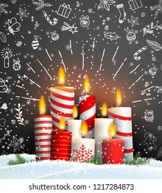 Christmas background with group of burning red and white candles on black background with chalk doodles, vector illustration, eps 10 with transparency