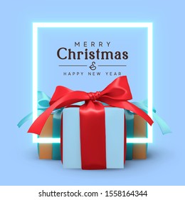 Christmas background with group of realistic gift boxes with red and blue ribbon bow. Xmas presents. Neon frame, light border. Festive decorative objects.