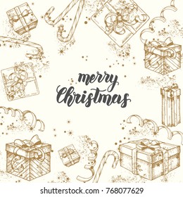 Christmas background with hand drawn doodle gifts, candies, glitter and serpentine. Greeting hand made quote "Merry Christmas" Happy New Year. Sketch. Banner,poster, flyer, brochure.