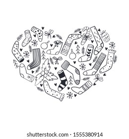 Christmas background, hand drawn elements arranged in heart. Ideal for web site, web page, flyer, poster or advert.
