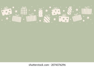 Christmas background with hand drawn gift boxes and copyspace. Vector