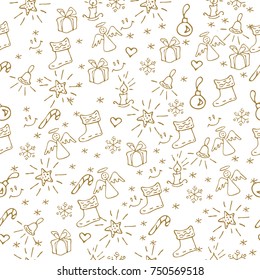 Christmas background hand drawn. Gold outlines on white