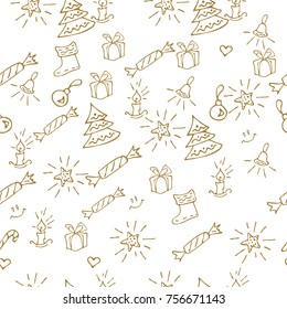 Christmas background hand drawn. Gold outlines on black.