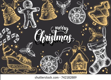 Christmas background with hand drawn golden doodle holly,bells,gingerbread,sleigh and christmas sock on black.Hand made quote "Merry Christmas".Sketch. Happy New Year. Vector. Banner, poster,brochure.