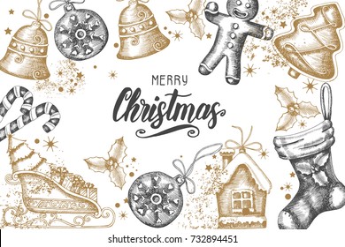 Christmas background with hand drawn golden-black holly, bells, gingerbread, sleigh and christmas sock. Greeting hand made quote "Merry Christmas". Sketch. Vector. Banner, poster, flyer, brochure.