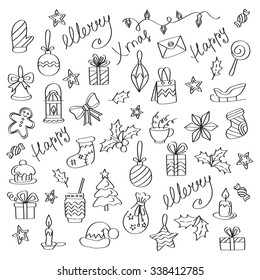 Christmas Background With Hand Drawn Icons. Greeting Card Design. Vector Illustration