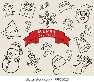 Christmas background with hand drawn icons. Greeting card design