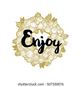 Christmas background with hand drawn illustration. Xmas hand drawing sketch wreath and handwriting text greetings Enjoy