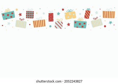 Christmas background with hand drawn present boxes. Vector