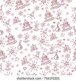Christmas background hand drawn. Red outlines on white.Christmas decoration vector illustration.