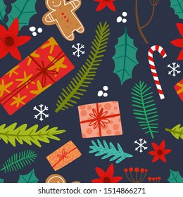 Christmas background. Christmas hand drawn seamless vector pattern. Xmas decorations sketch texture, objects. clipart. New Year textile, wrapping paper.