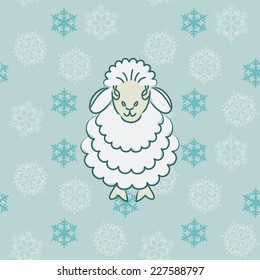 Christmas background with hand drawn sheep and snowflakes