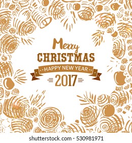 Christmas background with hand drawn sketch illustration. Xmas hand drawing wreath frame and seasons greetings typography. Vector illustration. Luxury golden colors.