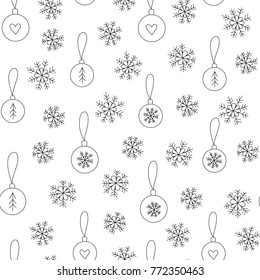 Christmas background with hand drawn snowflakes and balls. Black and white xmas seamless pattern can be used for design of a fabric, wrapping paper.
