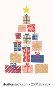 Christmas background with hand drawn tree made of gift boxes. Vector illustration