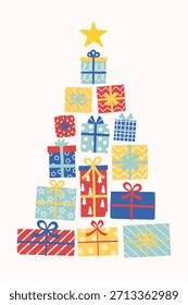 Fundo de Natal com árvore desenhada à mão feita de caixas de presente. Ilustração vetorial