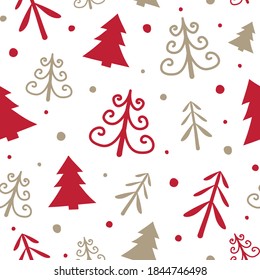 Weihnachtshintergrund mit handgezeichneten Bäumen. Weihnachtsmuster. Vektorgrafik