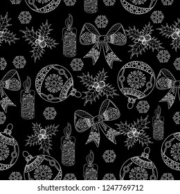 Christmas background hand drawn. White outlines on black. Christmas decoration vector illustration.