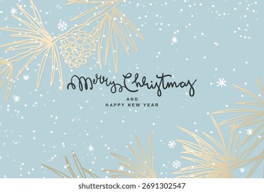 Christmas background. Hand drawn winter greeting card with gold snowflakes and fir branches on a neutral pastel blue background. Abstract trendy vector illustration