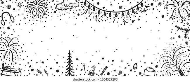 Christmas background. Hand drawn xmas banner. Christmas and New Year holidays. Freehand art. Black and white illustration