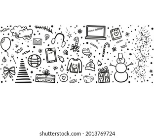 Christmas background. Hand drawn xmas elements. Abstract holiday signs and objects. Freehand drawings. Black and white illustration