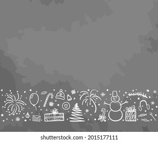 Christmas background. Hand drawn xmas elements. Abstract holiday signs and objects. Freehand drawings. Black and white illustration