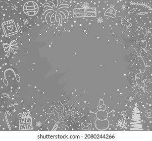 Christmas background. Hand drawn xmas elements. Abstract holiday freehand drawings. School winter holidays. New year banner. Children's drawings. Black and white illustration