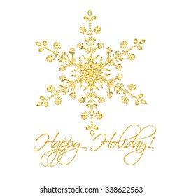  Christmas background with hand-drawn realistic snowflake Isolated on white.  Golden color. Vector illustration