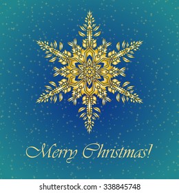  Christmas background with hand-drawn realistic snowflake.  Golden color. Vector illustration