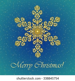  Christmas background with hand-drawn realistic snowflake.  Golden color. Vector illustration